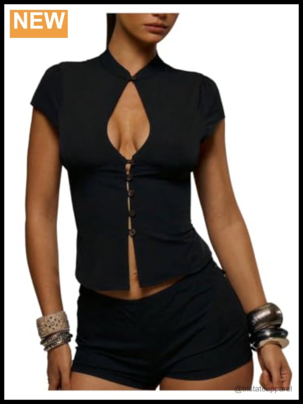 Women's Mandarin Collar Keyhole Crop Top Cap Sleeve Mock Neck Blouse